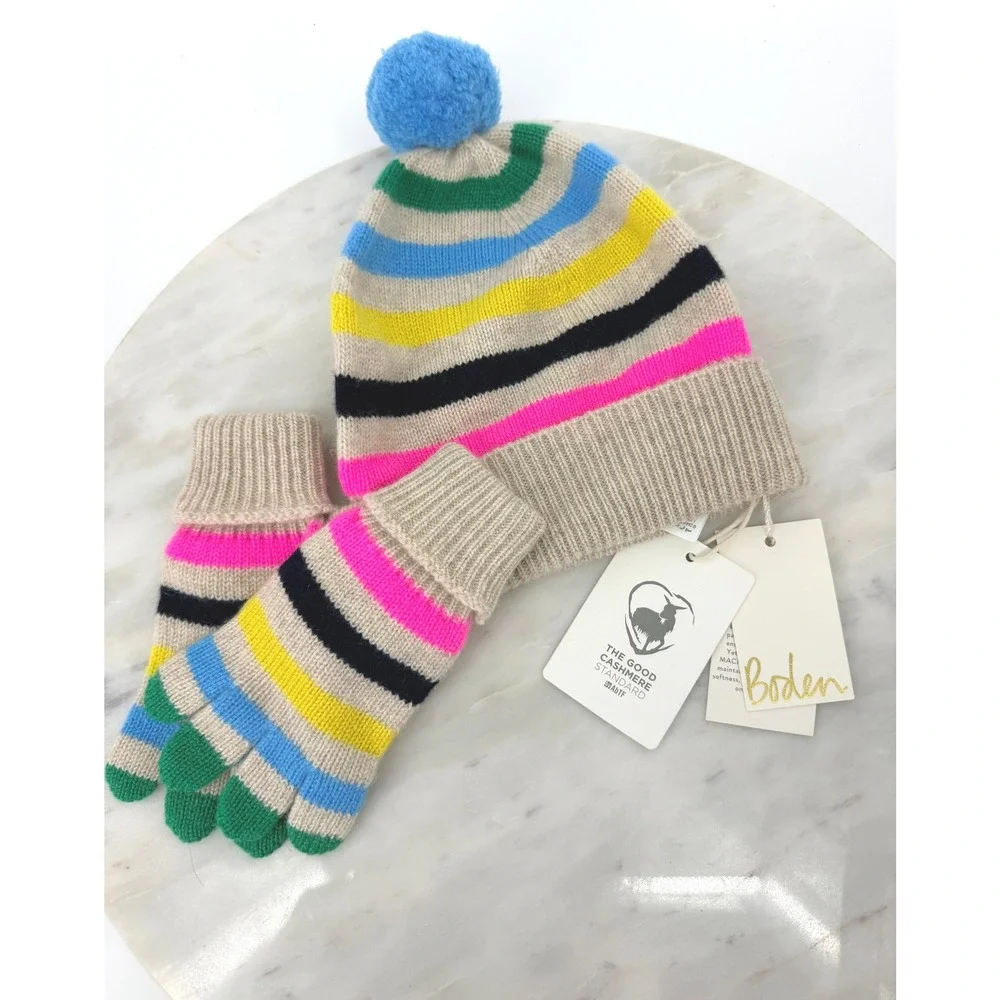 Boden Kids Cashmere Beanie and Gloves Set Multi Color Stripe XS NWT